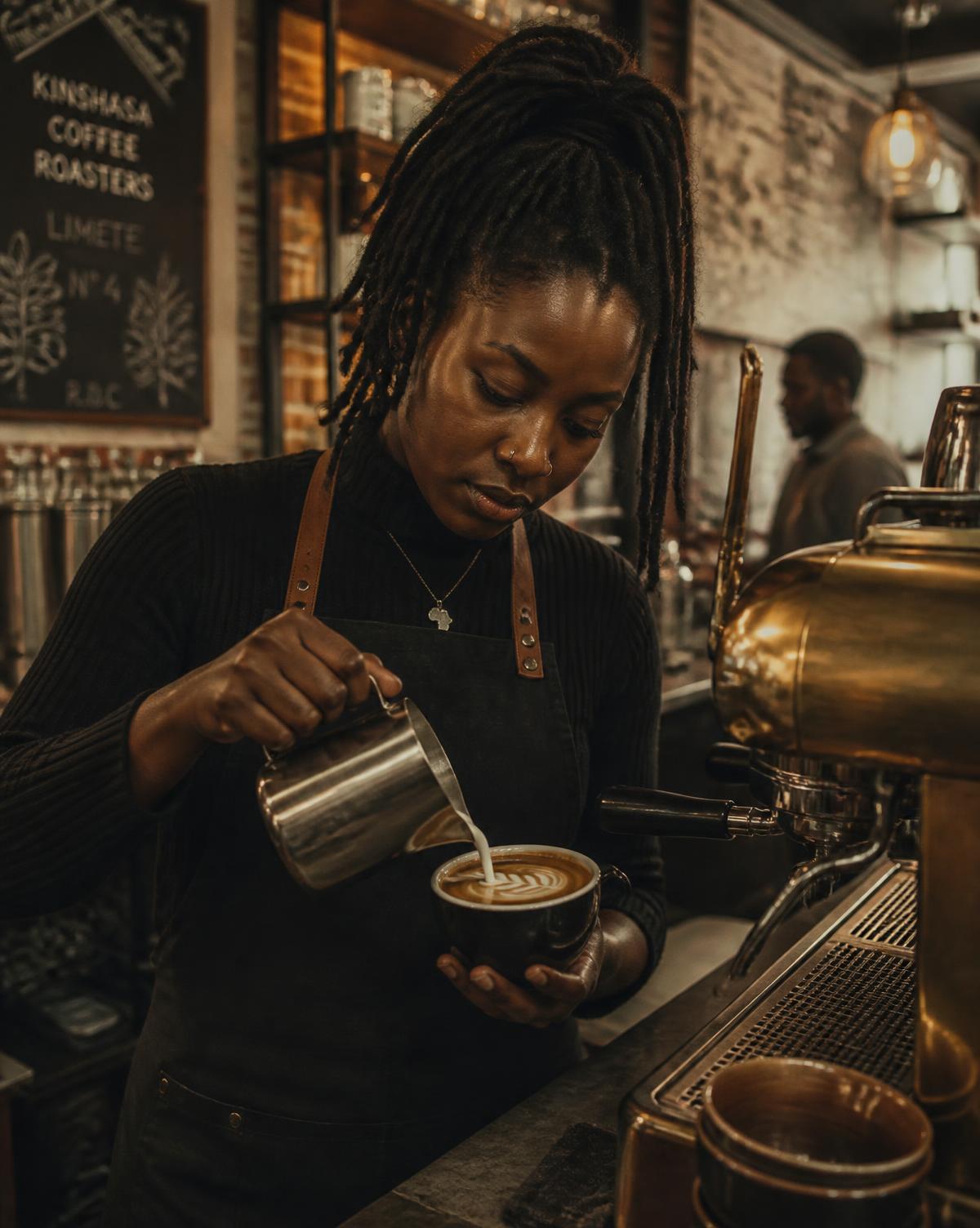 A Congolese woman barista pouring latte art in a warmly lit specialty coffee bar