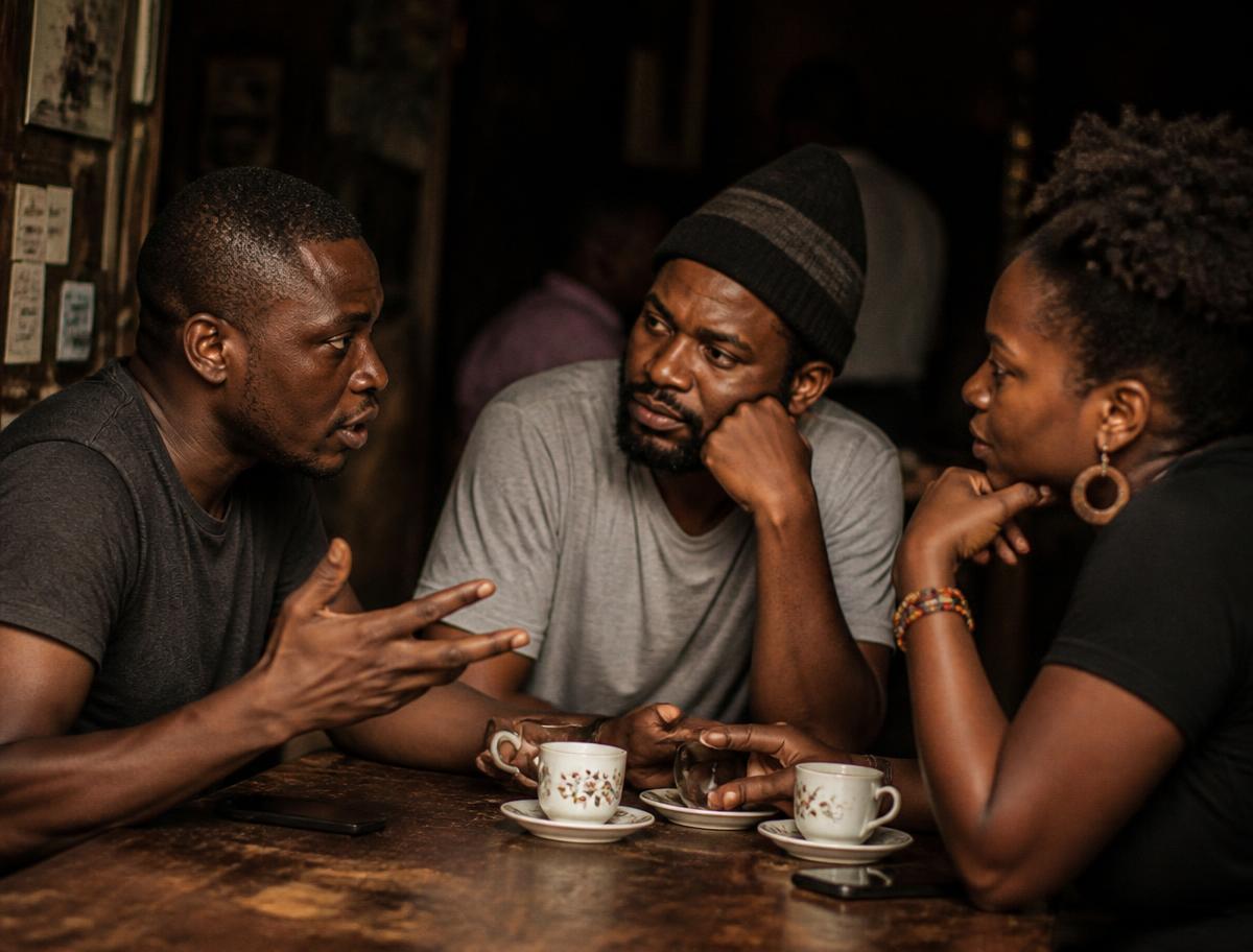 Three Congolese friends in conversation over cups of coffee at a wooden table