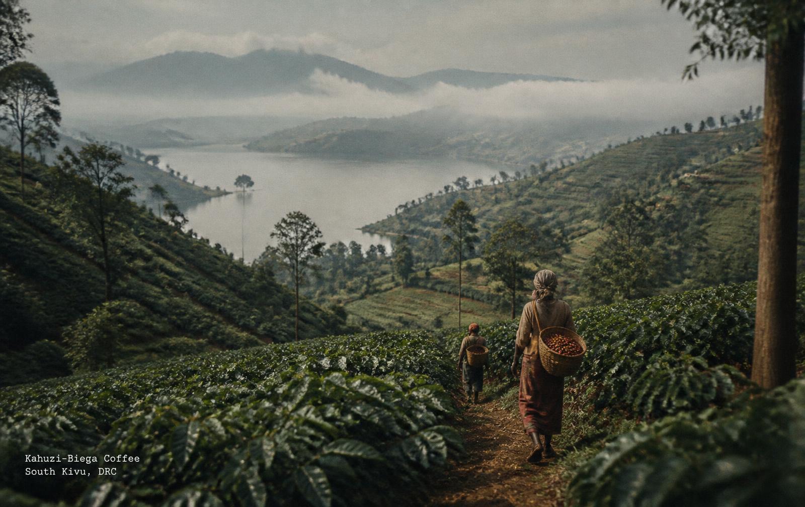 Coffee pickers walking through terraced coffee farms above a lake in South Kivu, DRC
